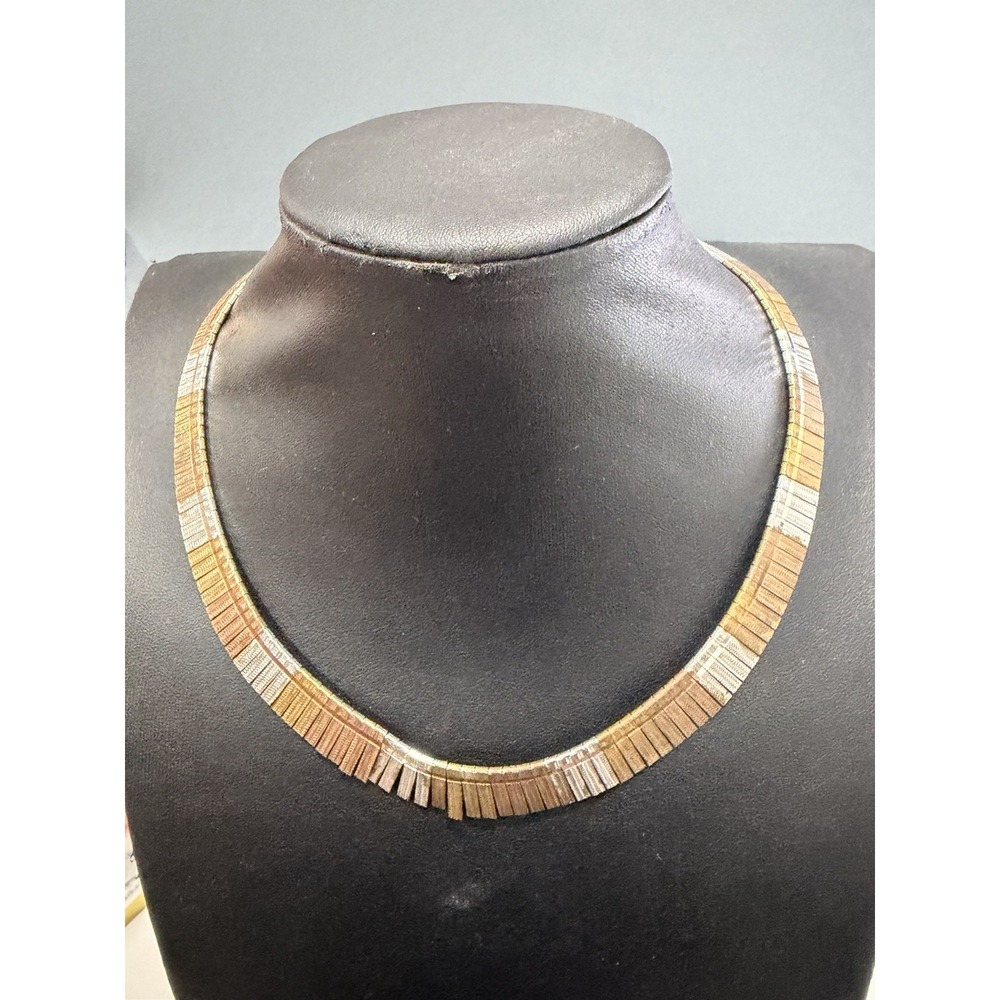 Vintage Tri Tone Gold Silver Copper Tone Flat Herringbone Collar Necklace